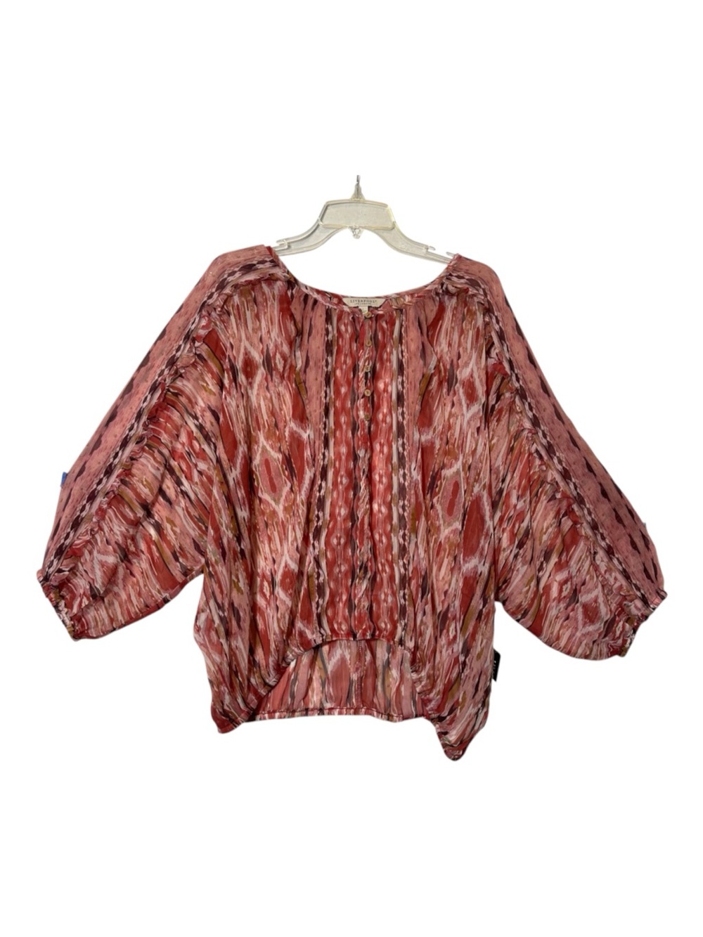 Liverpool Desert Blossom Ikat Ruffle Sleeve Dolman Popover Blouse